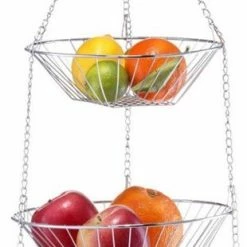 Promo ???? Zilveren Ronde Fruitschaal 3-laags Hangend 72 Cm - Zeller - Keukenaccessoires/benodigdheden - Fruitschalen/fruitmanden - Fruitschalen Van Metaal ????