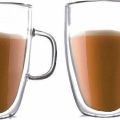 Goedkoopste ???? Hakal Line Dubbelwandige Glazen Met Oor/Handvat – Dubbelwandig Theeglas 350ml – Thermische Glazen – Koffieglazen – Glazen Voor Thee, Koffie En Cappuccino – Set Van 2 ????