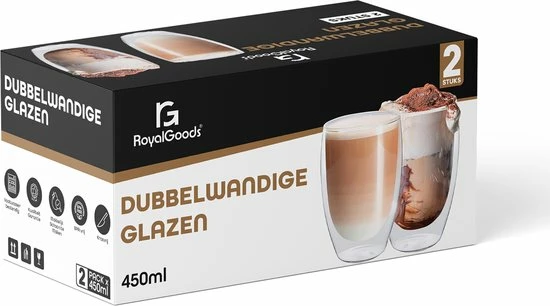 Korting ???? RoyalGoods® Dubbelwandige Glazen – Koffieglazen - Theeglazen – 450ML – 2 Stuks – Cappuccino Glazen - Latte Macchiato Glazen ???? 1 Korting ???? RoyalGoods® Dubbelwandige Glazen – Koffieglazen - Theeglazen – 450ML – 2 Stuks – Cappuccino Glazen - Latte Macchiato Glazen ????