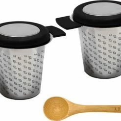 Aanbiedingen ???? ARELO - Luxe Theezeef RVS Met Deksel - 2 Stuks - Met Bamboe Maatlepel - Theefilter - Tea Infuser / Strainer - Voor Verse Thee En Kruiden ????