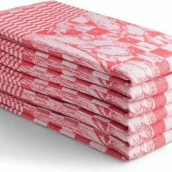 Uitgang ???? Seashell Oerhollands Luxe Theedoeken - 6 Stuks - Patroon Blok Tulp - Rood - 65x65cm ????