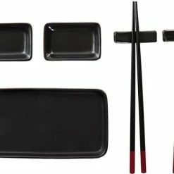 Gloednieuw ❤️ Items 7-delige Sushi Serveer Set Aardewerk Voor 2 Personen Zwart - Sushi Servies ????