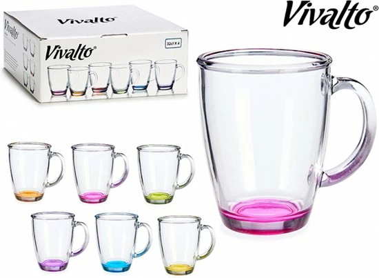 Gloednieuw ???? Vivalto - Set Van 6 Koffie/theeglazen Met Gekleurde Bodem En Rand - 32 Cl - Met Oor ???? 1 Gloednieuw ???? Vivalto - Set Van 6 Koffie/theeglazen Met Gekleurde Bodem En Rand - 32 Cl - Met Oor ????