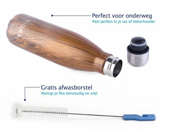 Korting ???? TIGR The Original - Drinkfles - Thermosfles - RVS - 500ml - Bruin Hout - Met Afwasborstel ???? 4 Korting ???? TIGR The Original - Drinkfles - Thermosfles - RVS - 500ml - Bruin Hout - Met Afwasborstel ???? - Afbeelding 4