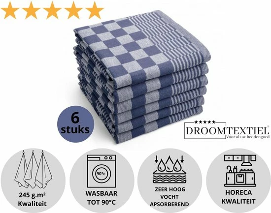 Aanbiedingen ???? Droomtextiel Droomtexiel® Horeca Kwaliteit Katoenen Theedoeken Set - 6x Theedoeken - Blauw Wit + Gratis 6 Keukendoeken T.w.v €22,95 ???? 6 Aanbiedingen ???? Droomtextiel Droomtexiel® Horeca Kwaliteit Katoenen Theedoeken Set - 6x Theedoeken - Blauw Wit + Gratis 6 Keukendoeken T.w.v €22,95 ???? - Afbeelding 6