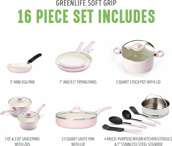 Coupon ✔️ Green Life GreenLife 16-delige Pannenset Met Zachte Grip, Antiaanbaklaag, PFAS-vrij, Roze ???? 2 Coupon ✔️ Green Life GreenLife 16-delige Pannenset Met Zachte Grip, Antiaanbaklaag, PFAS-vrij, Roze ???? - Afbeelding 2