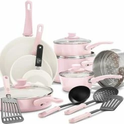 Coupon ✔️ Green Life GreenLife 16-delige Pannenset Met Zachte Grip, Antiaanbaklaag, PFAS-vrij, Roze ????