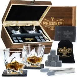 Beste deal ???? Whisiskey Luxe Whiskey Set - Incl. 2 Whiskey Glazen, 8 Whiskey Stones, 2 Onderzetters, Fluwelen Opbergzak, Opbergbox - Whisky Geschenkdoos - Glas - Herbruikbare IJsblokjes - Cadeau Voor Man & Vrouw ????