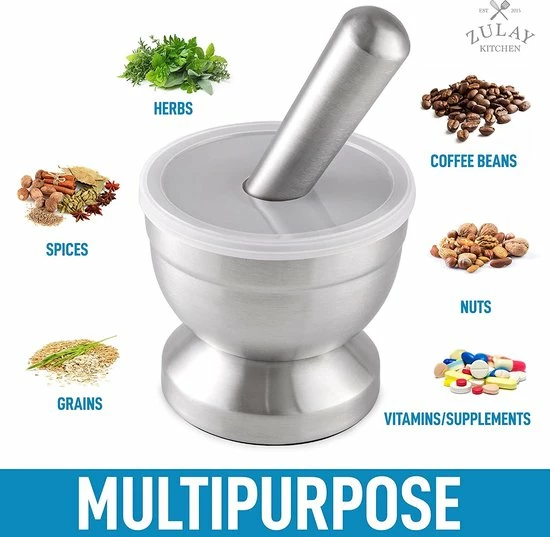 Uitgang ???? BOTC Vijzel Met Stamper – RVS – Geschikt Voor Specerijen, Kruiden, Knoflook - Sliver ???? 2 Uitgang ???? BOTC Vijzel Met Stamper – RVS – Geschikt Voor Specerijen, Kruiden, Knoflook - Sliver ???? - Afbeelding 2