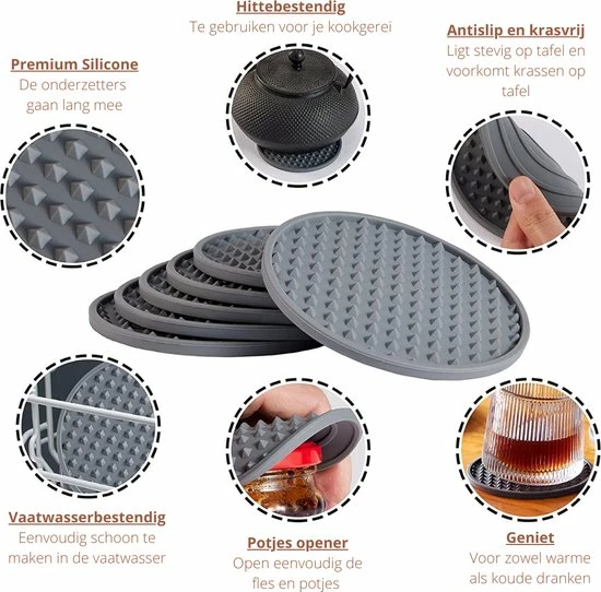 Kopen ???? Castagnola Siliconen Onderzetters Met Houder – Onderzetters Voor Glazen – Onderzetters Design – Onderzettersset – Drink Onderzetters – Hoogwaardige Siliconen – Set Van 6 – Grijs ???? 3 Kopen ???? Castagnola Siliconen Onderzetters Met Houder – Onderzetters Voor Glazen – Onderzetters Design – Onderzettersset – Drink Onderzetters – Hoogwaardige Siliconen – Set Van 6 – Grijs ???? - Afbeelding 3