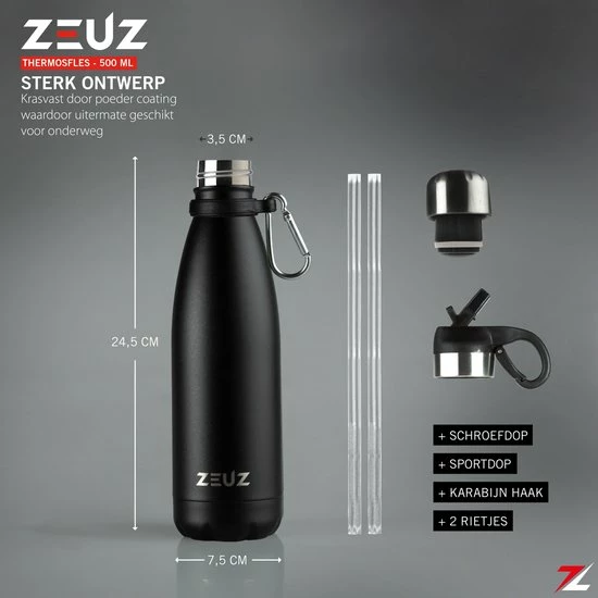 Nieuw ⭐ ZEUZ® Premium RVS Thermosfles & Drinkfles - Isoleerfles – Waterfles Met Rietje - BPA Vrij – 500 Ml - Mat Zwart ???? 2 Nieuw ⭐ ZEUZ® Premium RVS Thermosfles & Drinkfles - Isoleerfles – Waterfles Met Rietje - BPA Vrij – 500 Ml - Mat Zwart ???? - Afbeelding 2