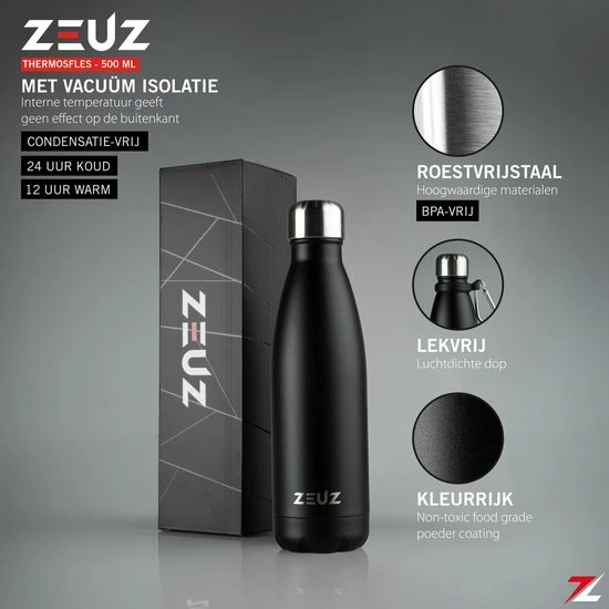 Nieuw ⭐ ZEUZ® Premium RVS Thermosfles & Drinkfles - Isoleerfles – Waterfles Met Rietje - BPA Vrij – 500 Ml - Mat Zwart ???? 3 Nieuw ⭐ ZEUZ® Premium RVS Thermosfles & Drinkfles - Isoleerfles – Waterfles Met Rietje - BPA Vrij – 500 Ml - Mat Zwart ???? - Afbeelding 3