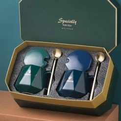 Nieuw ???? Merkloos Mok - Mok Set - Koffiemok - Koffiebeker - Beker - Mokken En Bekers - Beker Met Lepel En Deksel - 400 Ml - Keramiek - Diamant Vorm - Vrienden - Groen/Blauw ????