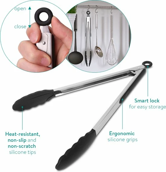 Goedkoop ???? Navaris Keukentang Set Van 2 - Serveertang - Voedseltang - Vleestang - Barbecuetang - Roestvrij Staal En Siliconen - 23 & 30 Cm - Zwart ???? 6 Goedkoop ???? Navaris Keukentang Set Van 2 - Serveertang - Voedseltang - Vleestang - Barbecuetang - Roestvrij Staal En Siliconen - 23 & 30 Cm - Zwart ???? - Afbeelding 6