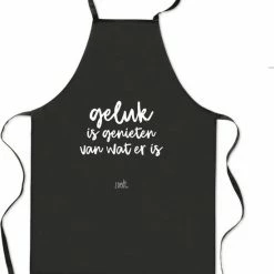 Groothandel ???? Zoedt Schort - Zwart Wit - Tekst Geluk Is Genieten Van Wat Er Is ????