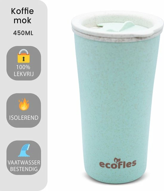Gloednieuw ⭐ Ecofles - Thermosbeker - Travel Mug – Koffiebeker To Go – Duurzaam - Bioplastic - 450ml – Groen ???? 4 Gloednieuw ⭐ Ecofles - Thermosbeker - Travel Mug – Koffiebeker To Go – Duurzaam - Bioplastic - 450ml – Groen ???? - Afbeelding 4