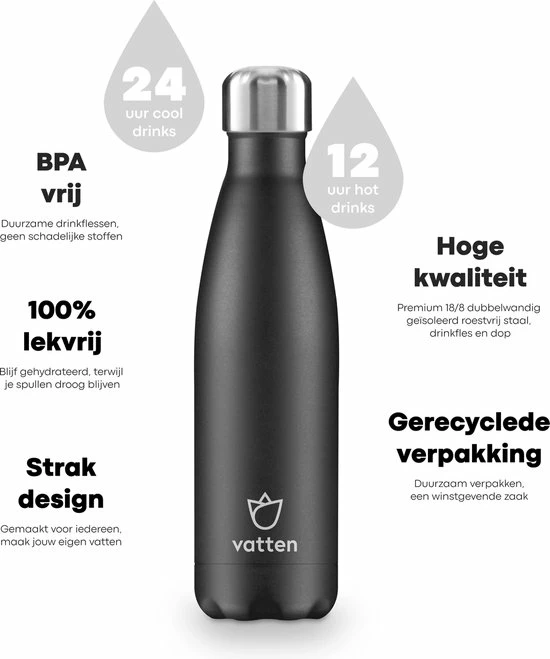 Nieuw ???? Vatten® Premium RVS Thermosfles - 500 Ml - Mat Zwart - Waterfles Met Rietje - Isoleerfles ???? 2 Nieuw ???? Vatten® Premium RVS Thermosfles - 500 Ml - Mat Zwart - Waterfles Met Rietje - Isoleerfles ???? - Afbeelding 2